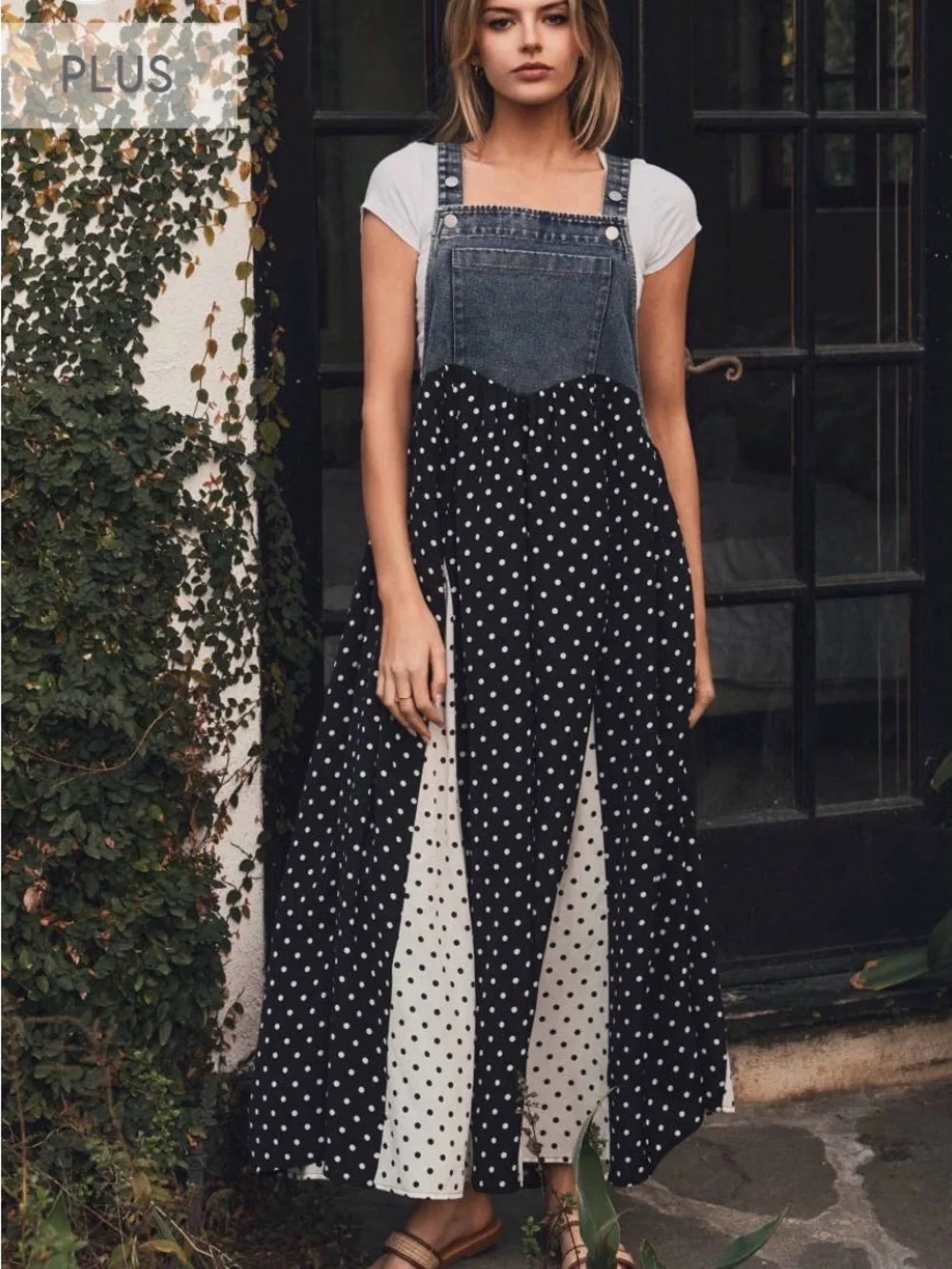 Oddi Polka Dot Denim-Top Maxi overall Dress - Black & White - Picture 5 of 5